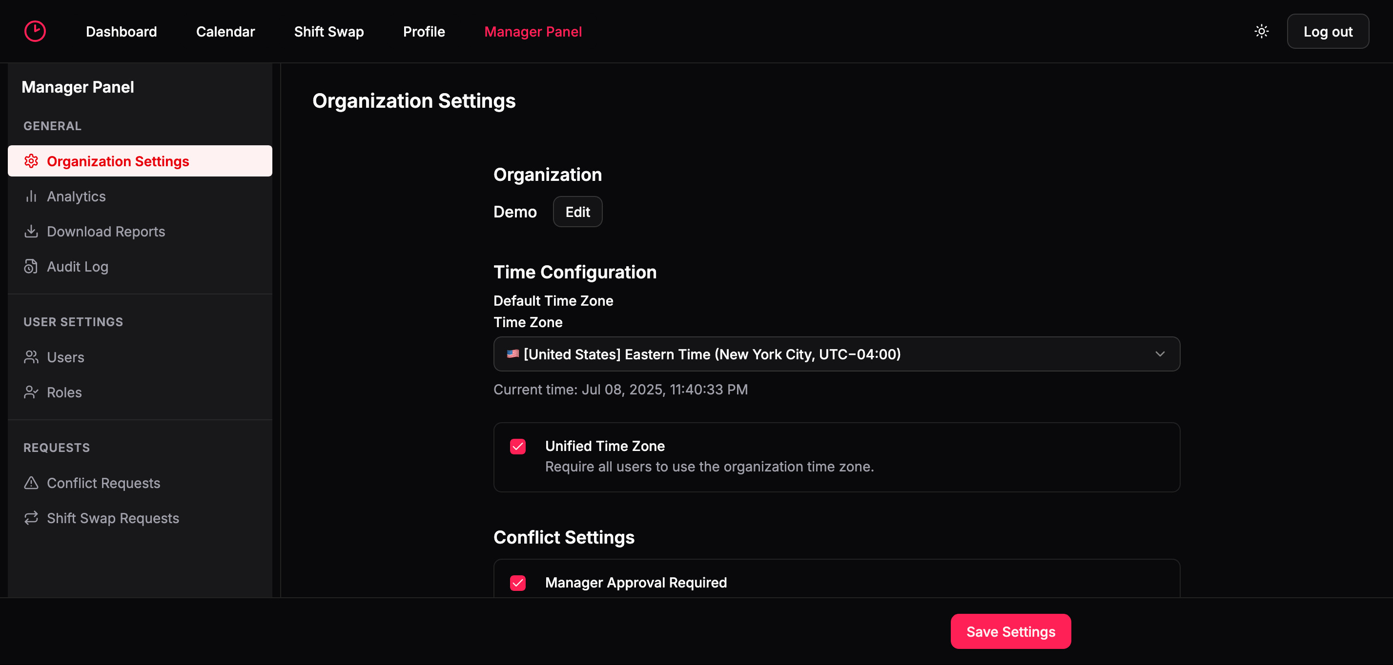 Image of manager panel in dark mode