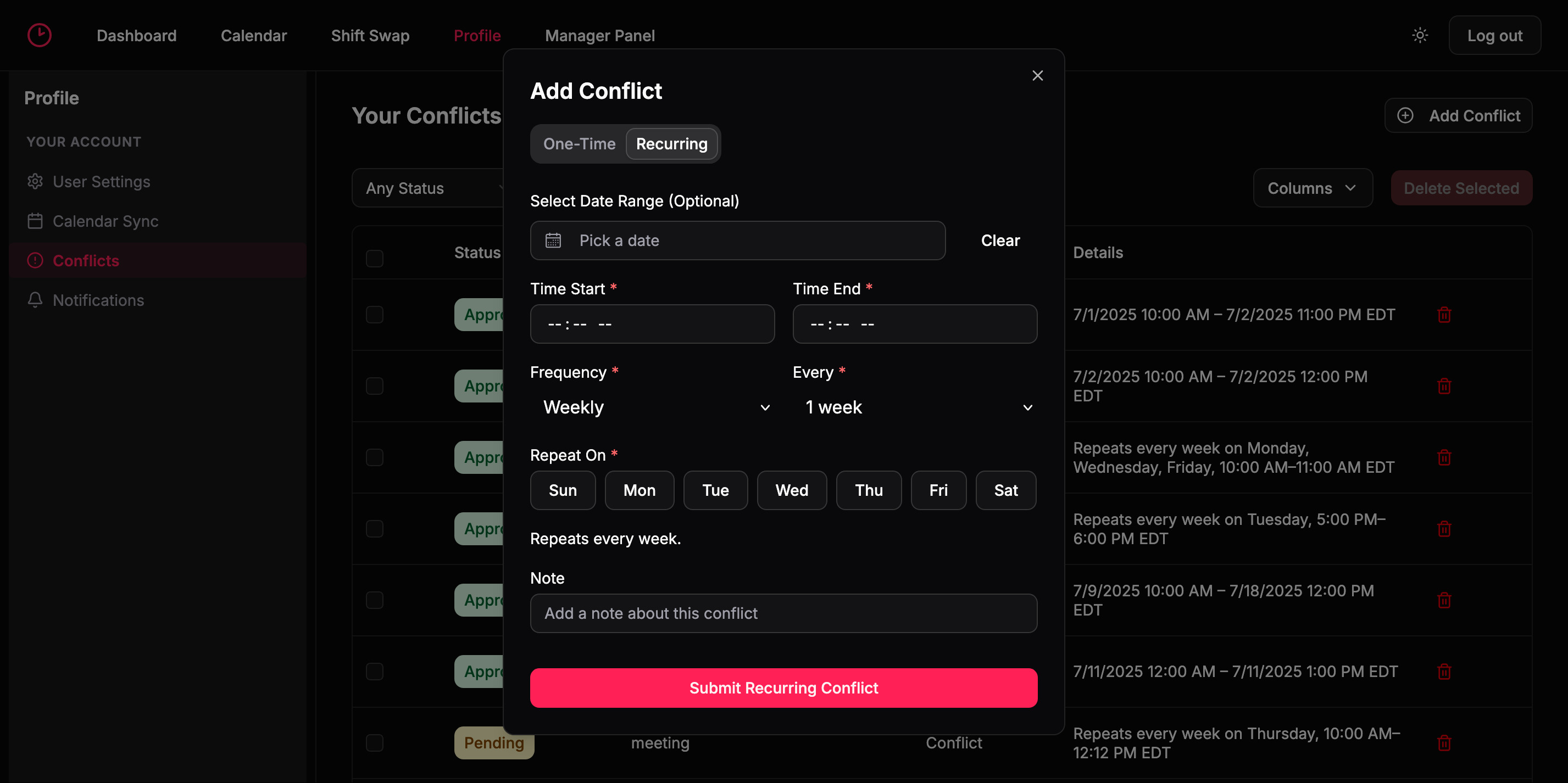Image of conflict adder dialog in dark mode